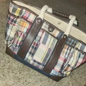 J CREW Plaid Patchwork Tote Bag with Rope Handles - Brown Trim